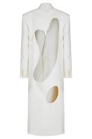 JINSUN Astral Couture wool coat displayed on a hanger, showcasing its tailored design and classic style in neutral fabric.