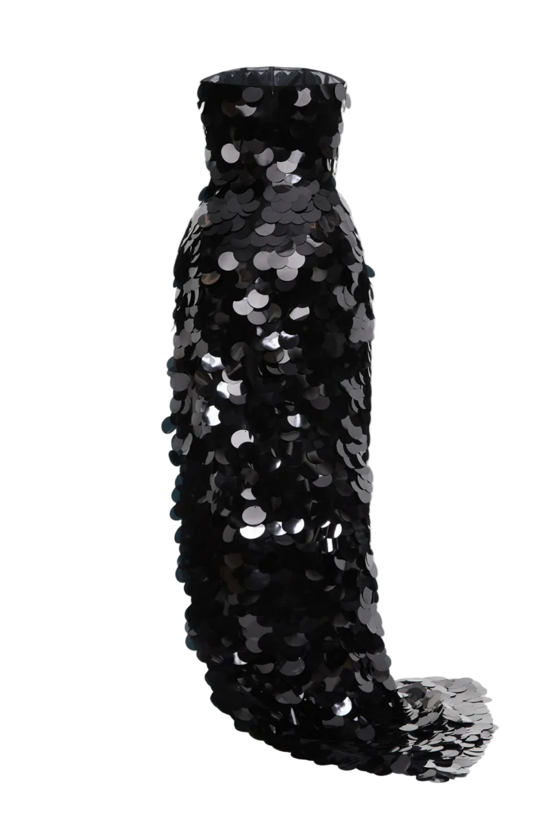 Black Balykina July dress gown with elegant flowing fabric and long sleeves, shown on a model.