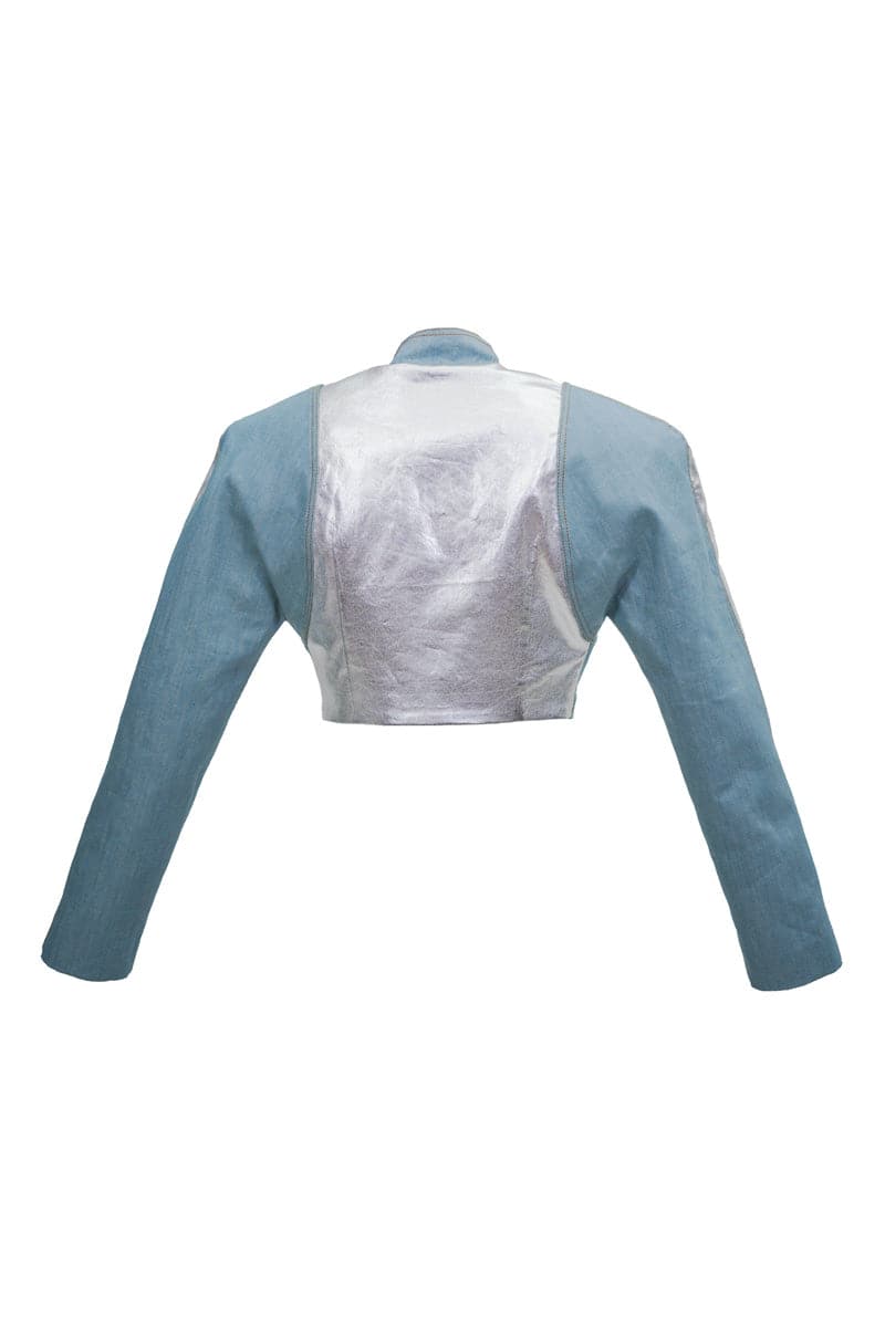 SILVER AND DENIM CROPPED HIGH-NECK BLAZER - CULT MIA