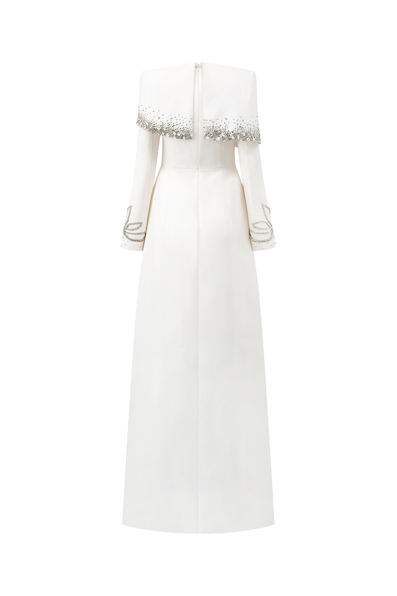 DIAGONAL CRYSTAL-EMBELLISHED SHOULDER A-LINE DRESS - CULT MIA