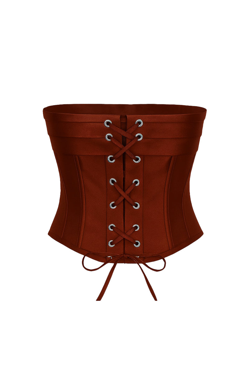 Copper brown satin corset top by Nazlı Ceren with structured design and adjustable straps, styled on a mannequin.