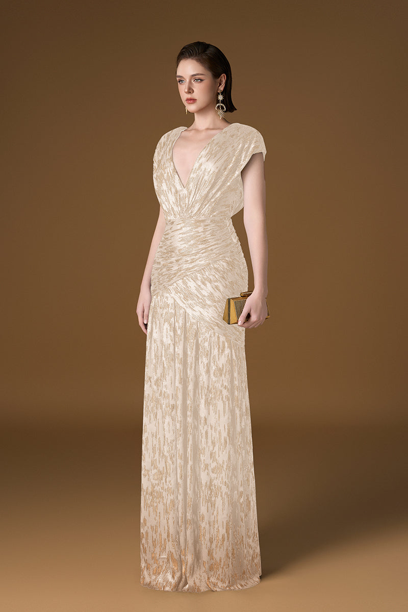 gold chiffon maxi dress METALLIC STRIPED CHIFFON MAXI DRESS IN BEIGE | CULT MIA