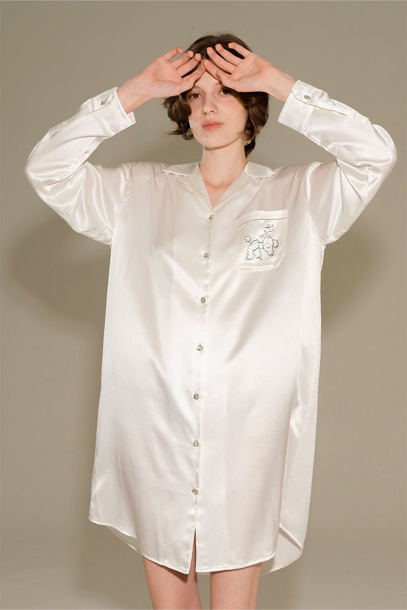 DIAMOND POODLES WHITE SILK SHIRT DRESS - CULT MIA