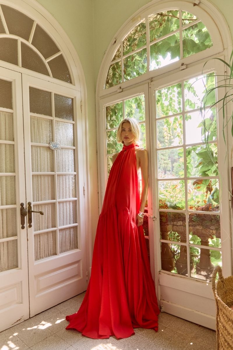 Sisters Talia Maxi Dress in Scarlet Bloom, vibrant red floral maxi dress with flowing fabric and elegant design.