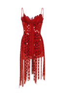 Sudi Etuz mirror-embellished mini tulle and lace dress showing a fitted silhouette with intricate lace details and shimmering mirror accents.