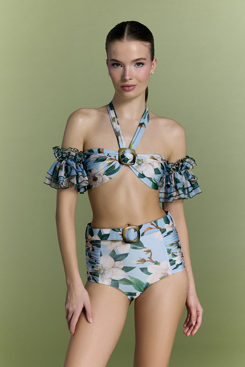 Nur Karaata Coconut Coastline bikini top and bottom in vibrant tropical print, perfect for beach and poolside wear.
