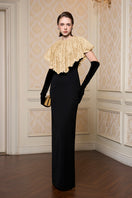 Beige I.H.F sleeveless lace gown with round neck, elegant and flowing, perfect for formal occasions.