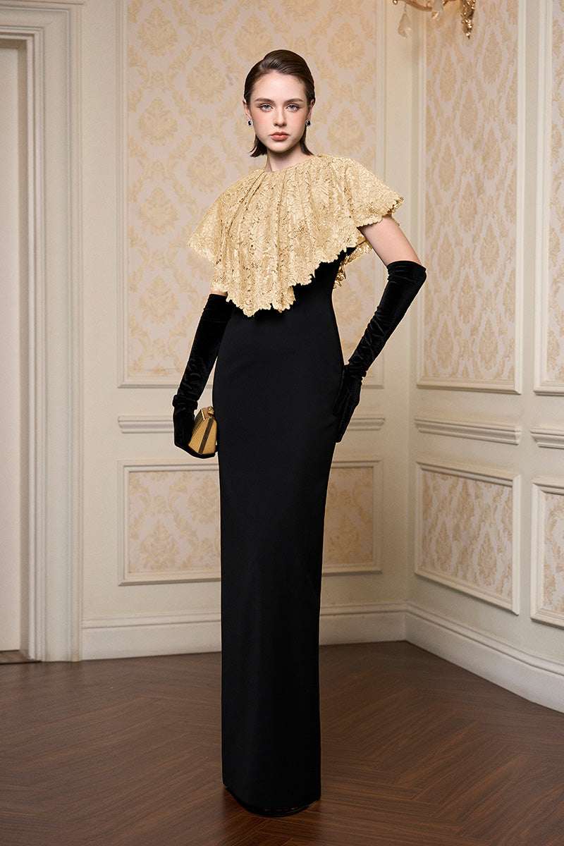 Beige I.H.F sleeveless lace gown with round neck, elegant and flowing, perfect for formal occasions.