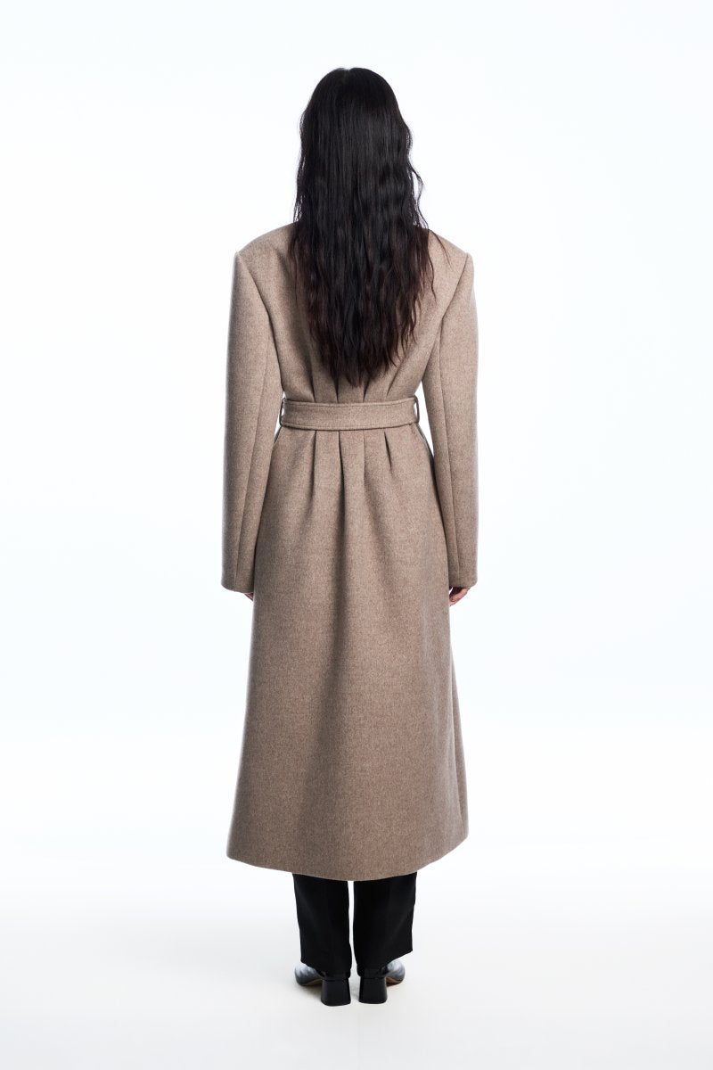 Chictopia belted long line coat in neutral fabric, featuring a tailored fit and belt at the waist, stylish and warm outerwear for women.