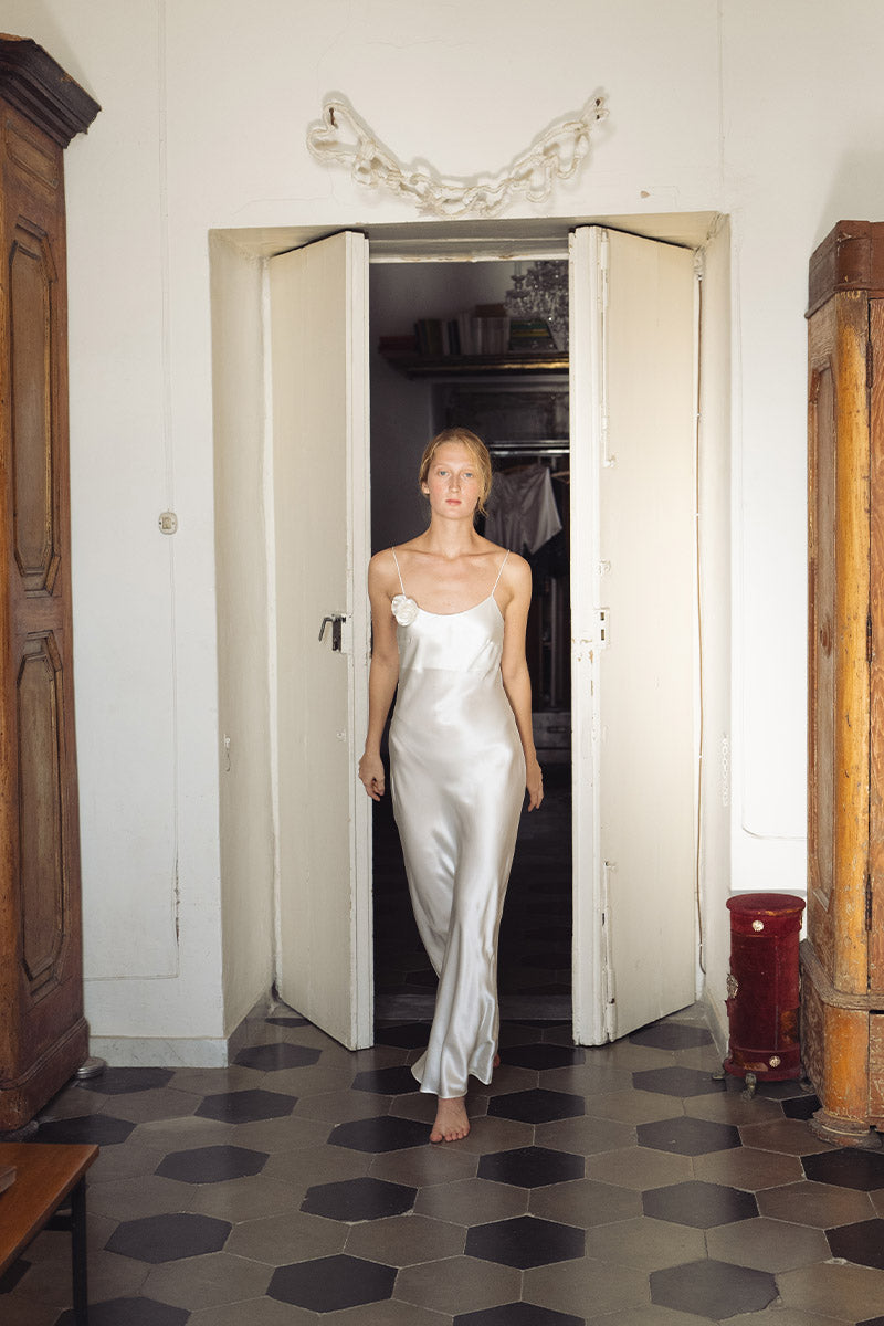 Not Just Pajama PETALS SILK BIAS-CUT DRESS IN White | Cult Mia Not Just Pajama PETALS SILK BIAS-CUT DRESS IN White | Cult Mia