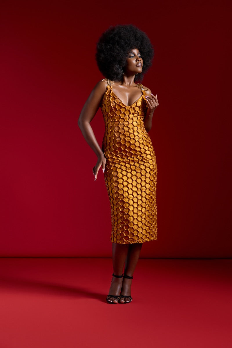 Onalaja ASHA midi dress in gold, featuring elegant fabric and stylish design, perfect for special occasions.