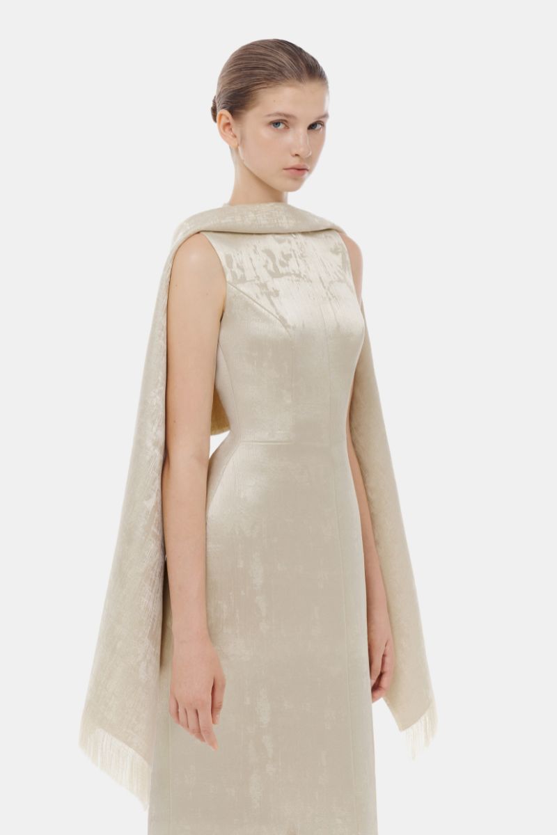 beige dress with scarf Bandeau Ruched Detail Maxi Dress With Scarf In Cream | EGO US