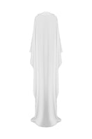 White Caro Crepe Cape jacket by Nazlı Ceren, featuring a flowing design and elegant drape, shown on a model.