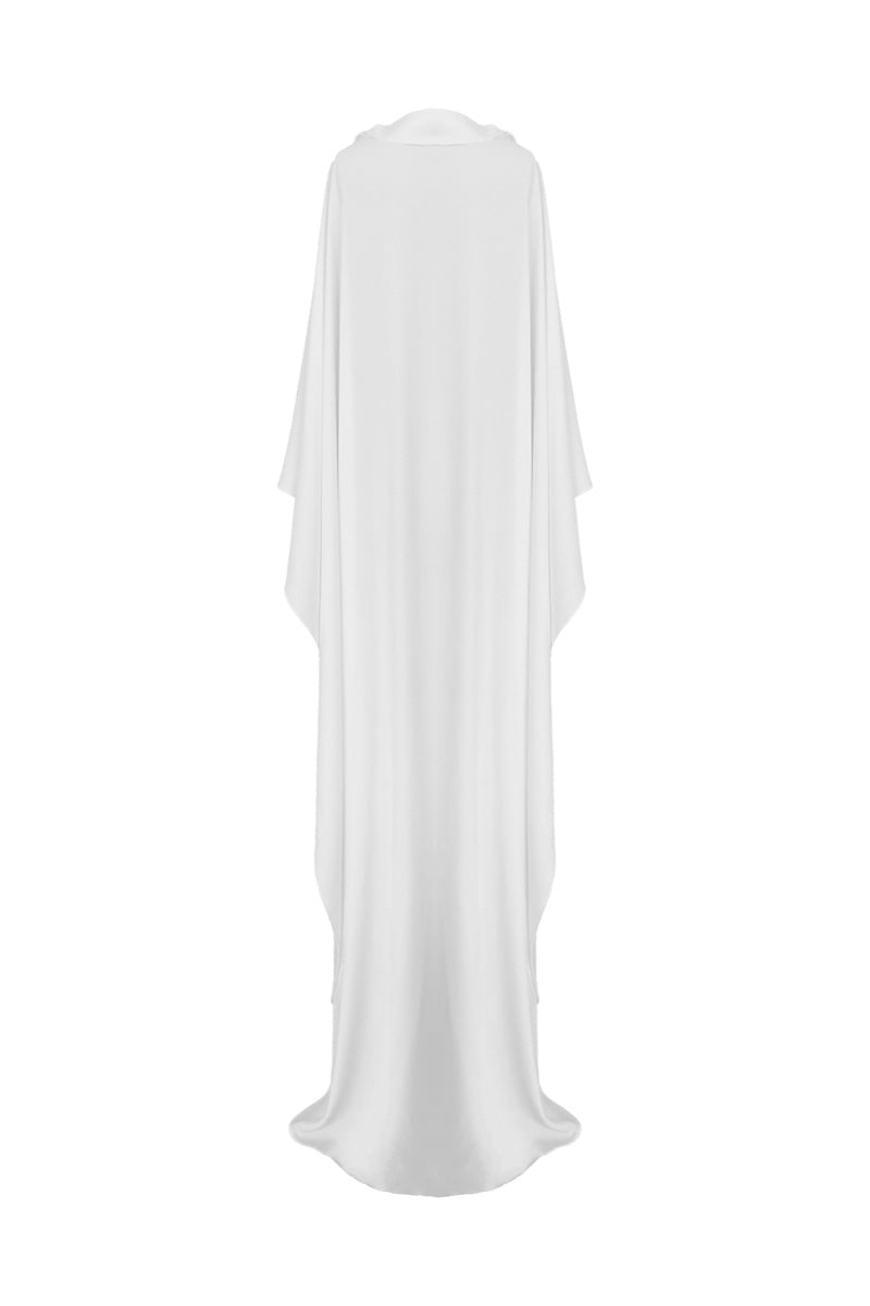 White Caro Crepe Cape jacket by Nazlı Ceren, featuring a flowing design and elegant drape, shown on a model.