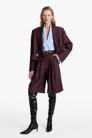 Acaria Studio GURU crop blazer in burgundy silk blend with blue check pattern, tailored fit, stylish and lightweight for elegant wear.