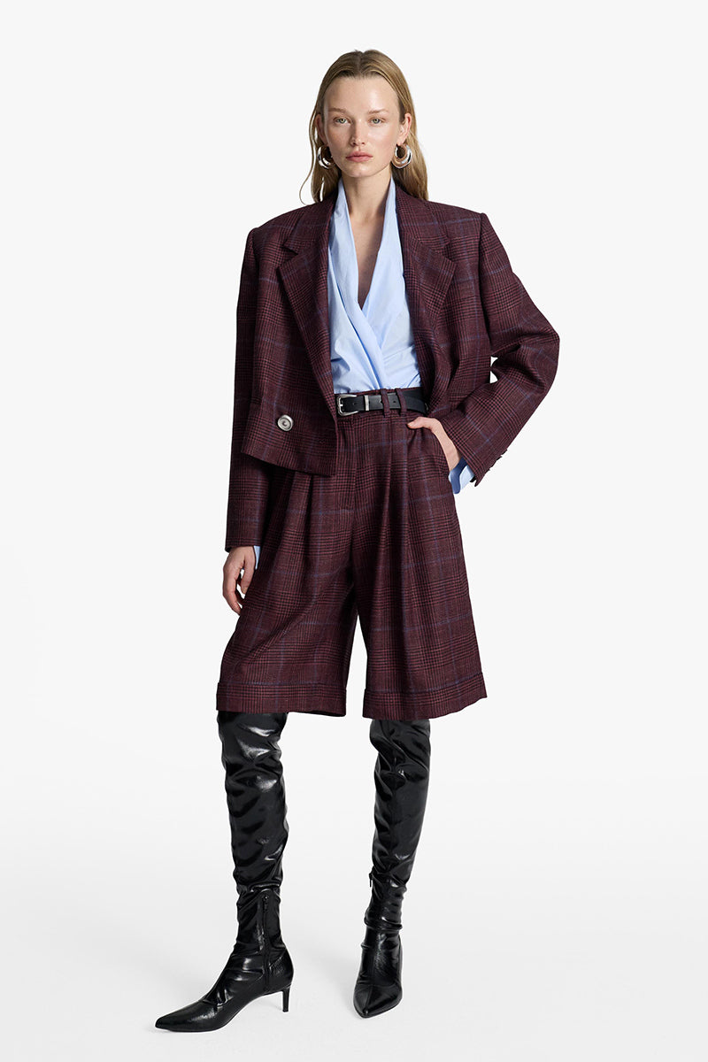Acaria Studio GURU crop blazer in burgundy silk blend with blue check pattern, tailored fit, stylish and lightweight for elegant wear.