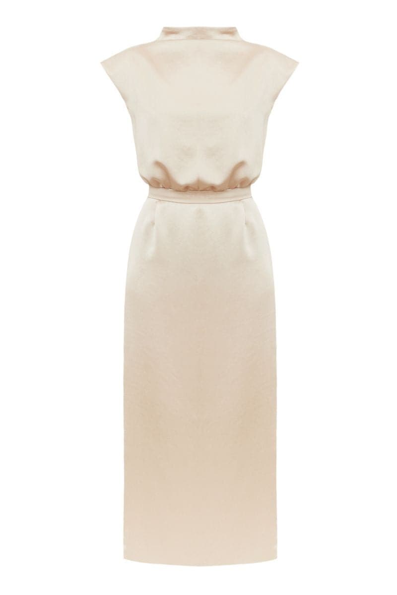 TESSA ELEGANT BEIGE SATIN KIMONO SLEEVES MIDI DRESS - CULT MIA