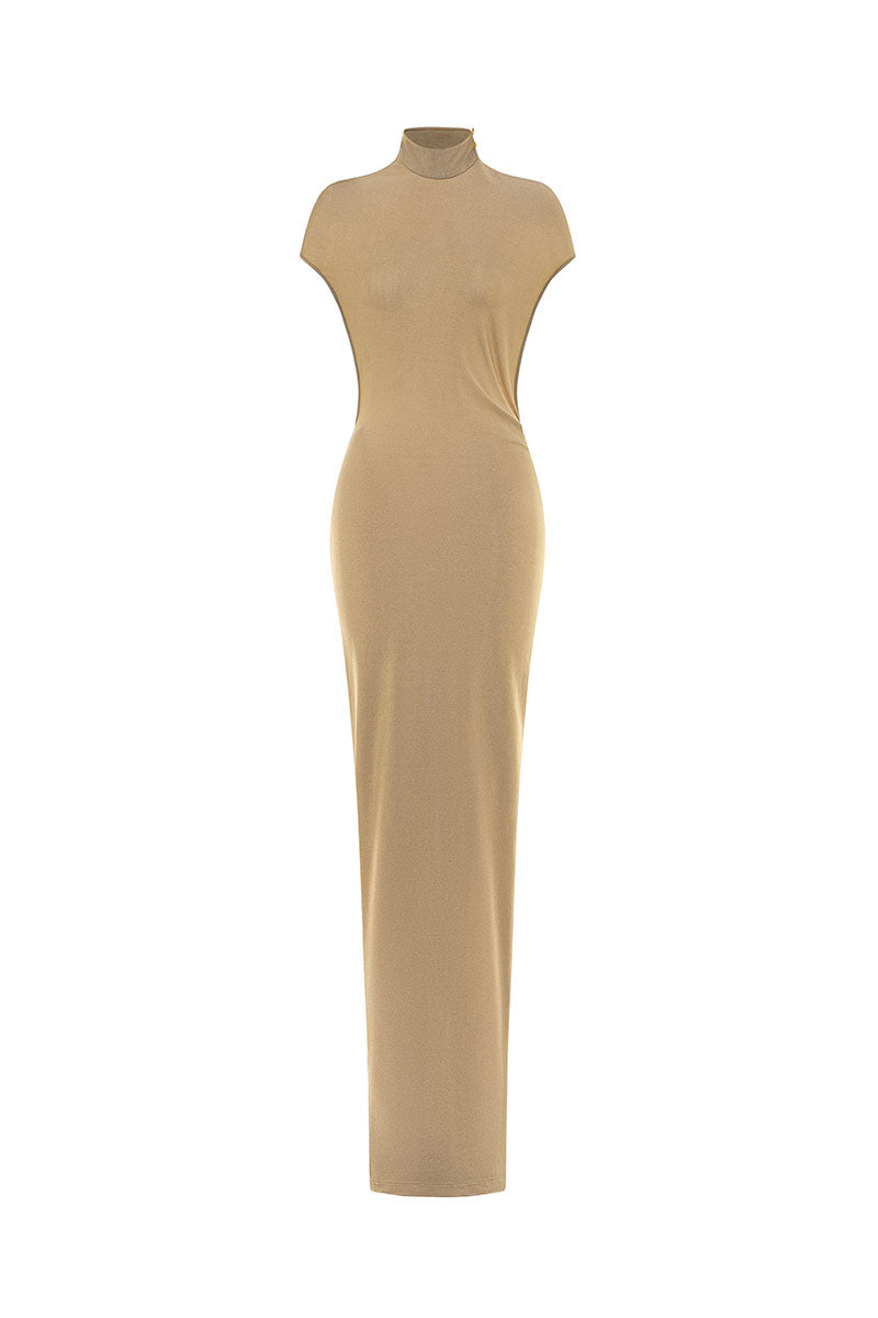 Poem Lucentia maxi dress in flowing fabric with a relaxed silhouette, featuring a stylish neckline and elegant design.