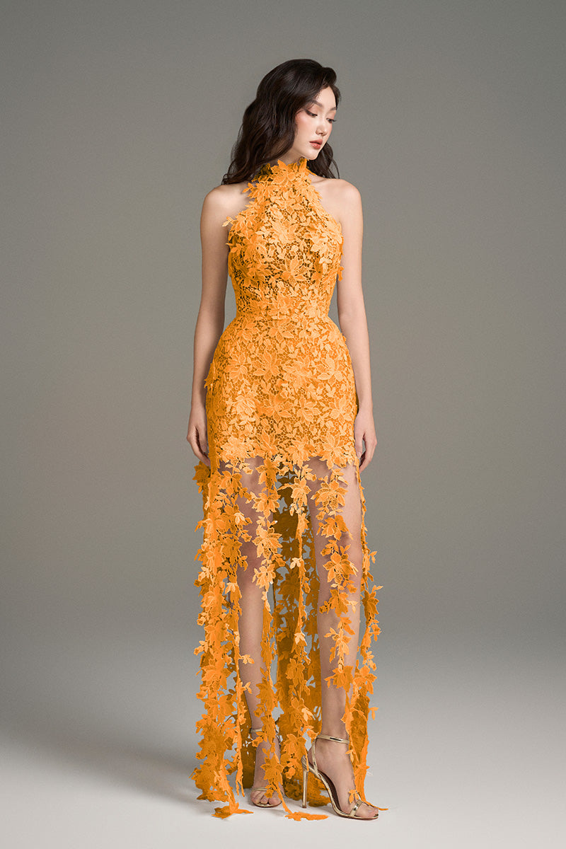 I.H.F Studio CULT MIA X floral vine orange lace maxi dress with intricate lace details and flowing silhouette.
