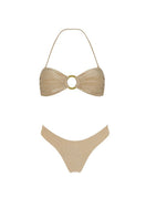 Aguaclara DOREE bandeau top and high-leg bikini bottom in vibrant colors, displayed on a model for beachwear fashion.