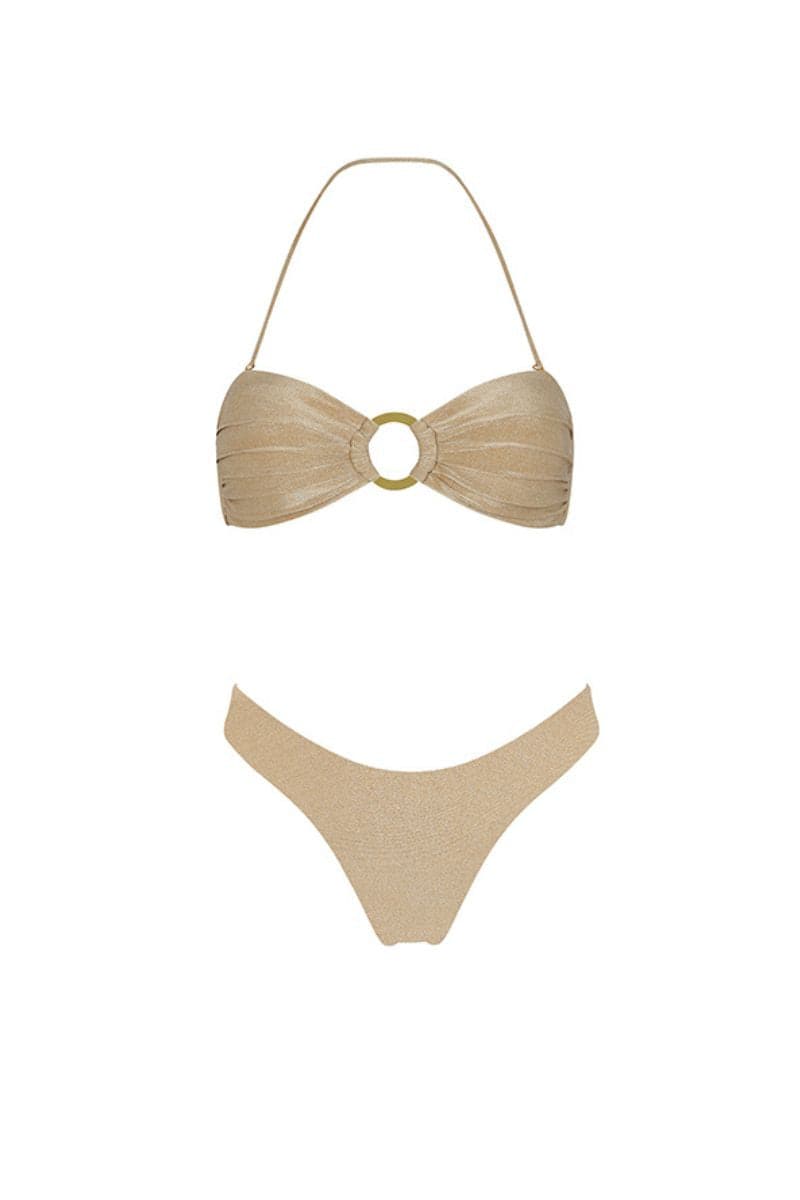 Aguaclara DOREE bandeau top and high-leg bikini bottom in vibrant colors, displayed on a model for beachwear fashion.
