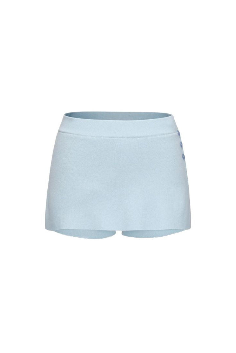 Nana Jacqueline Carrie shorts in blue, casual denim style with a relaxed fit, displayed on a hanger or worn by a model.
