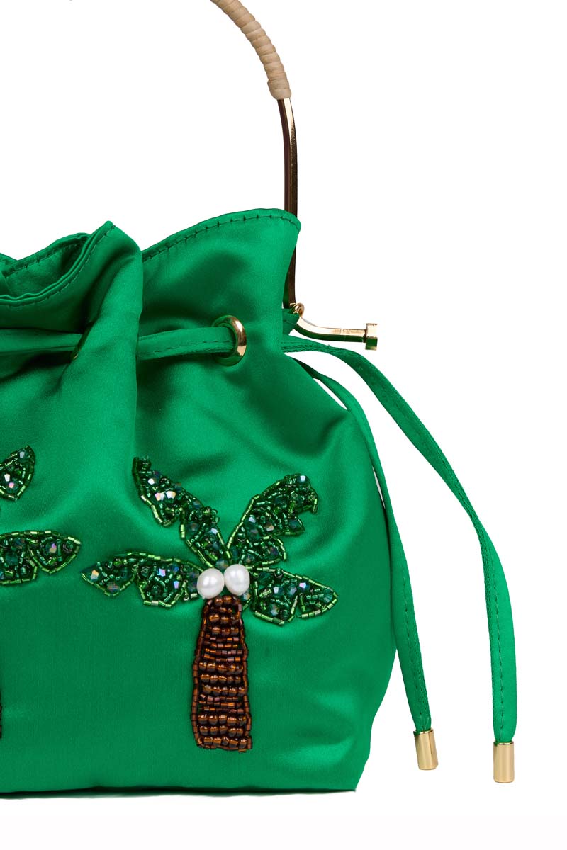 Waiwai Rio BEL CETIM Aloha green top handle bag with gold hardware and structured design, featuring a sleek, modern look.