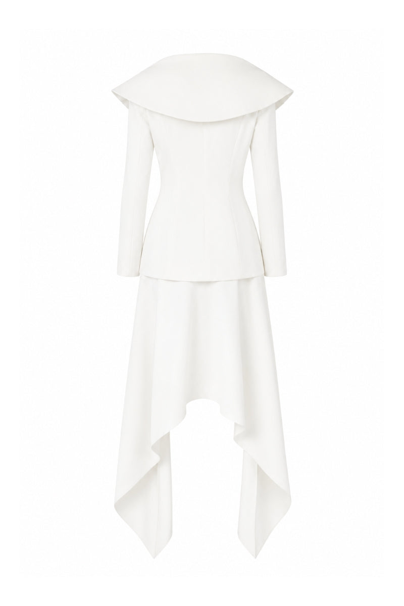 Lili Blanc crepe blazer in a tailored fit, featuring a classic lapel and button closure, displayed on a hanger.
