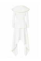 Lili Blanc crepe blazer in a tailored fit, featuring a classic lapel and button closure, displayed on a hanger.