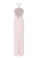 Nazlı Ceren Violette long crepe maxi dress in powder pink, flowing elegant dress with a fitted bodice and full-length skirt.
