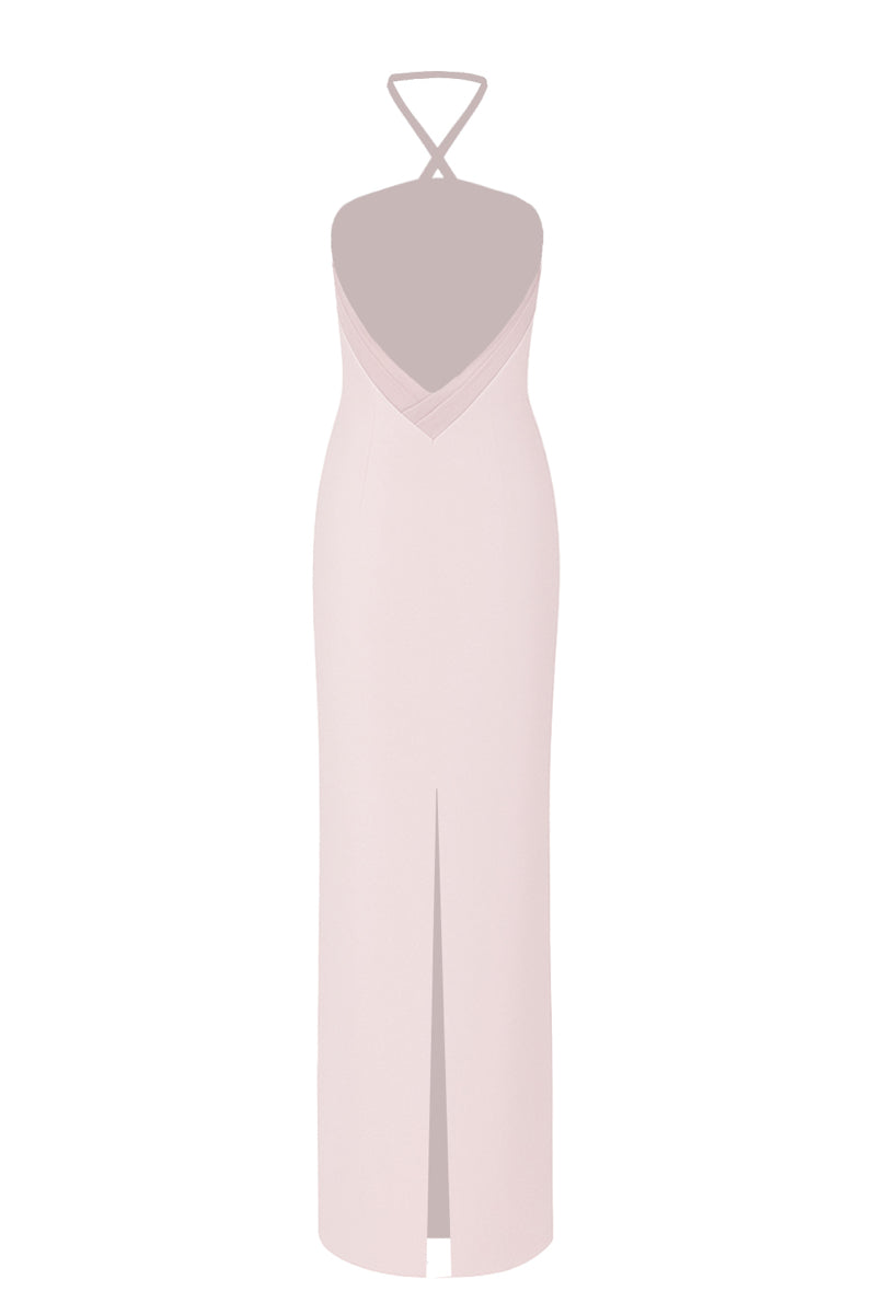 Nazlı Ceren Violette long crepe maxi dress in powder pink, flowing elegant dress with a fitted bodice and full-length skirt.