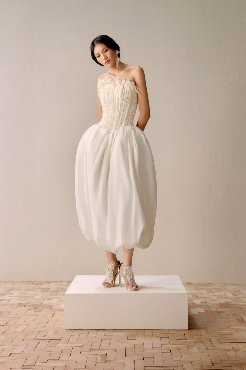 Petite ivory floral embroidered midi gown by Lecia, featuring delicate embroidery and a flowing silhouette.