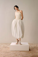 Petite ivory floral embroidered gown by LECIA, featuring delicate embroidery and a flowing silhouette, perfect for elegant occasions.