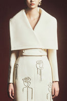 Gray Maison Des Copains cropped V-neck jacket, stylish lightweight outerwear with a tailored fit, shown on a model.