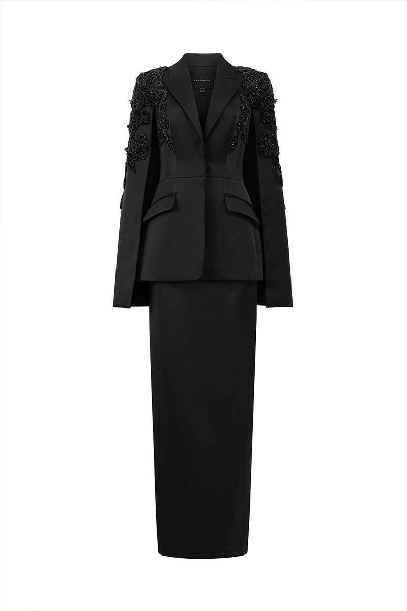 Black pearl taffeta co-ords set by Lune De Soie, featuring a matching top and pants in luxurious fabric.