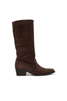 Je La Connais Brunny suede boots in chocolate, showcasing the side view with ankle height and stylish design.
