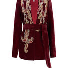 Nadya Shah Manal brown smoking jacket with satin lapels and tailored fit, shown on a hanger against a neutral background.