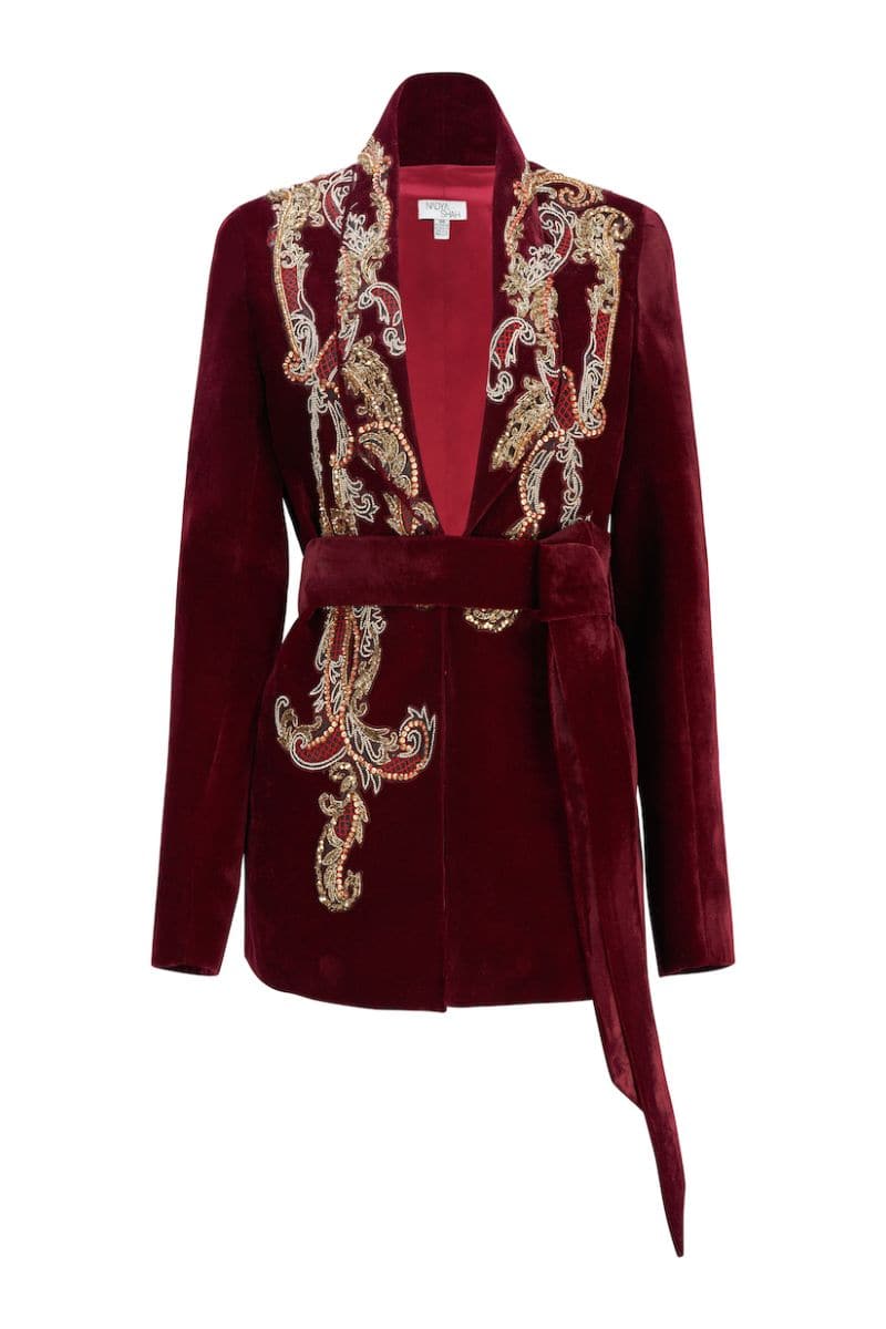 Nadya Shah Manal brown smoking jacket with satin lapels and tailored fit, shown on a hanger against a neutral background.