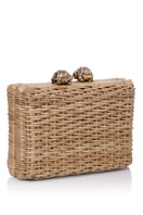 Waiwai Rio Petit Rattan Turtle Clutch featuring a woven rattan turtle design, compact style with a top zipper closure.
