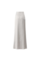 Nazlı Ceren Corinne satin maxi skirt in silver lining, flowing fabric with a sleek, elegant design perfect for formal occasions.