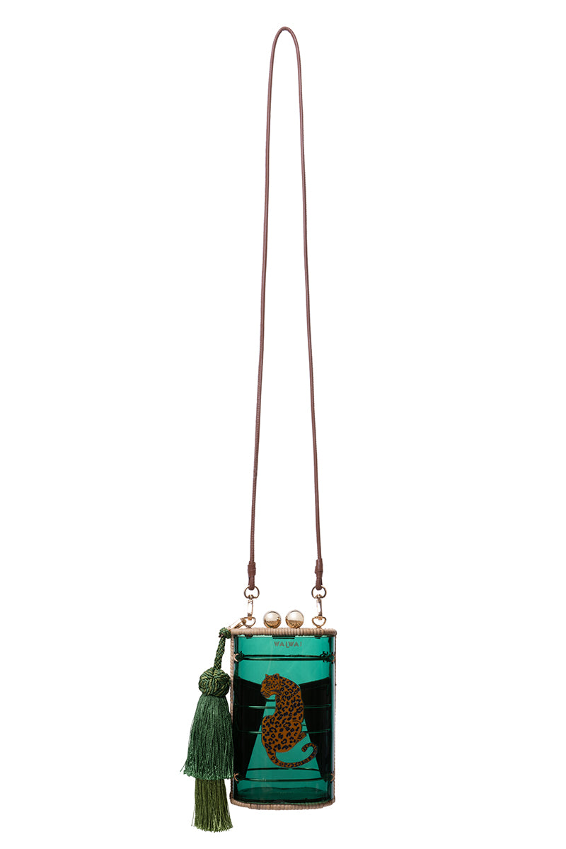 Waiwai Rio Cantil Green Jaguar shoulder bag with adjustable strap and sleek design featuring a vibrant green jaguar print.