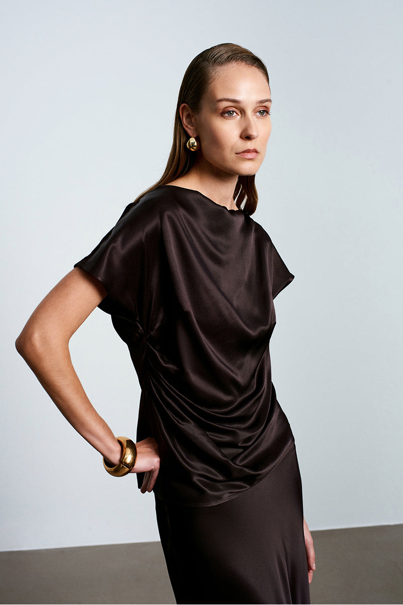 Brown satin top by Acaria Studio featuring a stylish, smooth fabric and elegant design, perfect for chic casual or dressy wear.