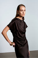 Brown satin top by Acaria Studio featuring a stylish, smooth fabric and elegant design, perfect for chic casual or dressy wear.