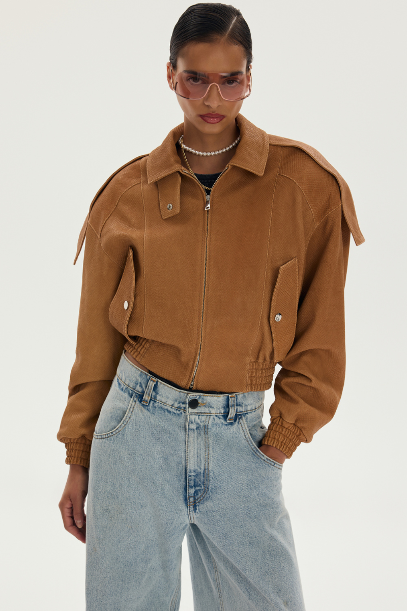 LARETAGGIO Tivoli Crock Leather Jacket, men's stylish brown leather jacket with textured crock pattern and classic collar.