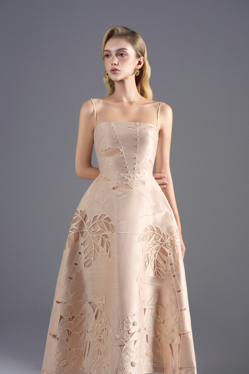 Rosee de Matin Taffeta A-Line Midi Dress in Beige | Cult Mia Rosee de Matin Taffeta A-Line Midi Dress in Beige | Cult Mia
