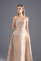 Beige TAFFETA A-line midi dress by ROSEE DE MATIN, featuring a flowy silhouette and elegant midi length.
