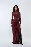 Deme By Gabriella Gloria Cherry Red Ruched Gown featuring elegant draping and fitted silhouette on a model.