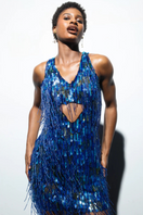 Blue Onalaja ISI fringe dress, mini style with fringed details, shown on a model with a stylish, modern look.