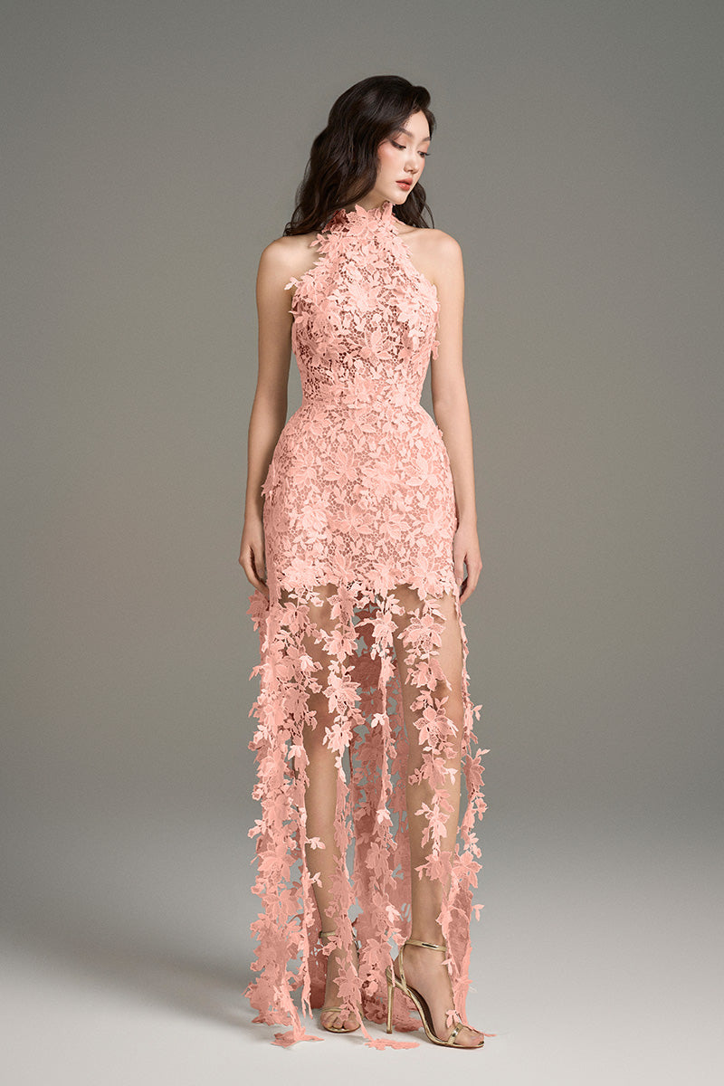 I.H.F Studio Cult MIA X floral vine pink lace maxi dress, elegant sleeveless design with intricate lace details.