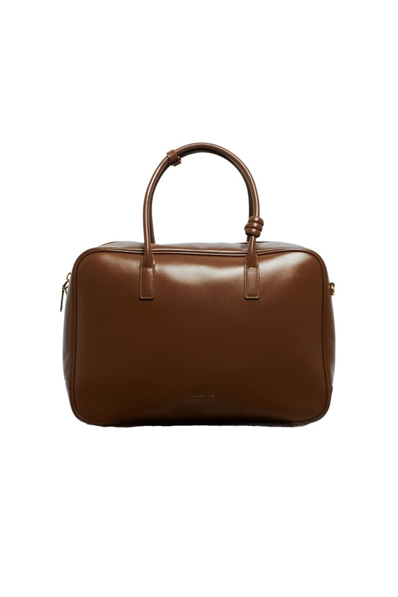Leather work bag in mocha color with top handles, from Folklore The Label, featuring a sleek and structured design.